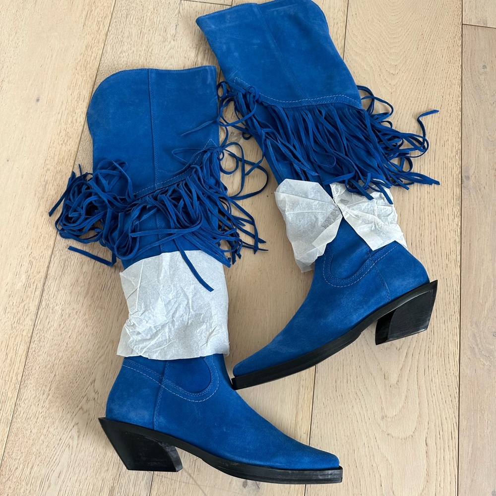 Nasty Gal Electric Blue Suede Over-the-Knee Fringe Boots - Picture 4 of 7